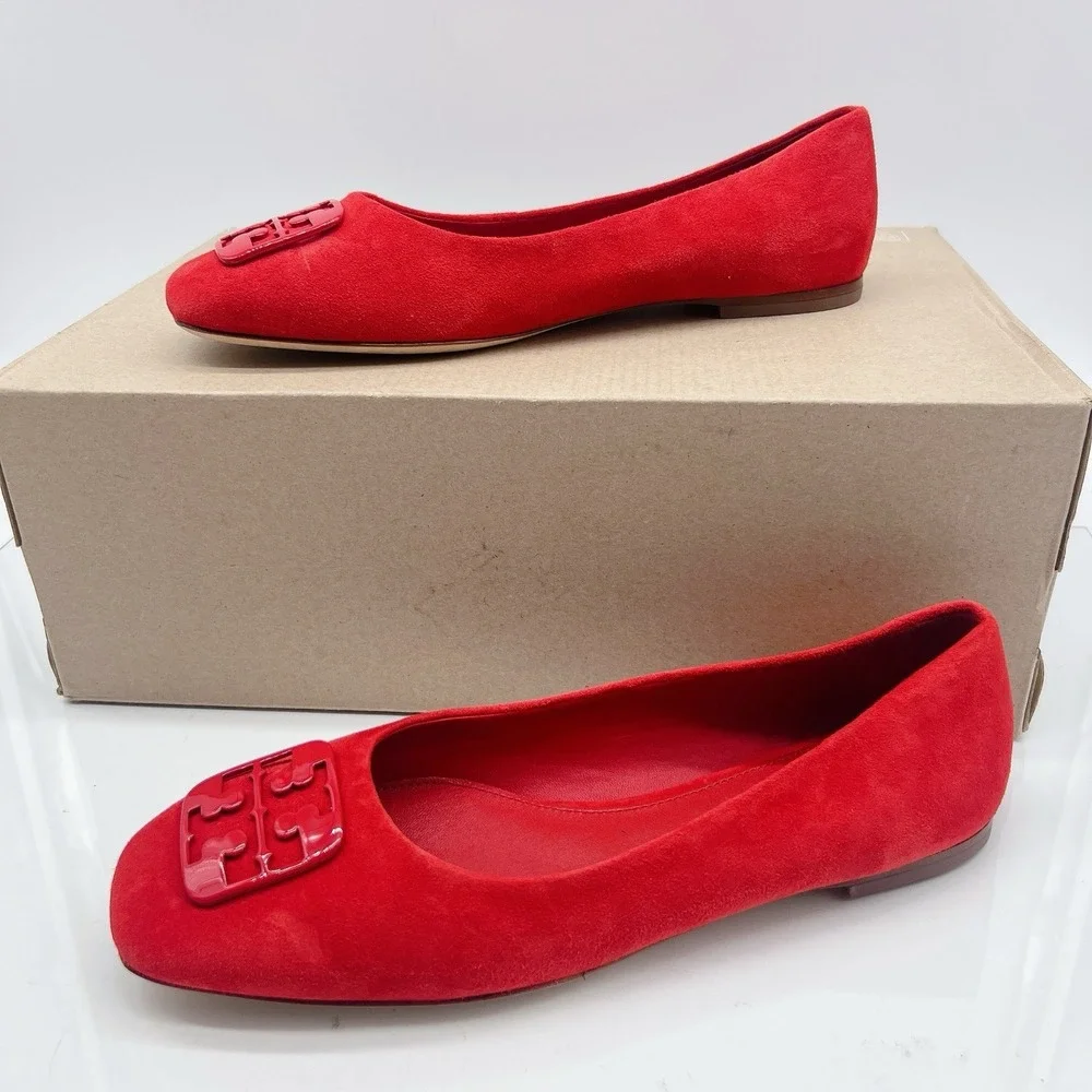Tory Burch Georgia Women's Ballet Flats LOGO Slip On Red Suede Size US 8